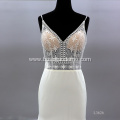 Modern Sexy V neck Illusion Backless Pattern Lace Halter Sleeveless Wedding Dress White Mermaid